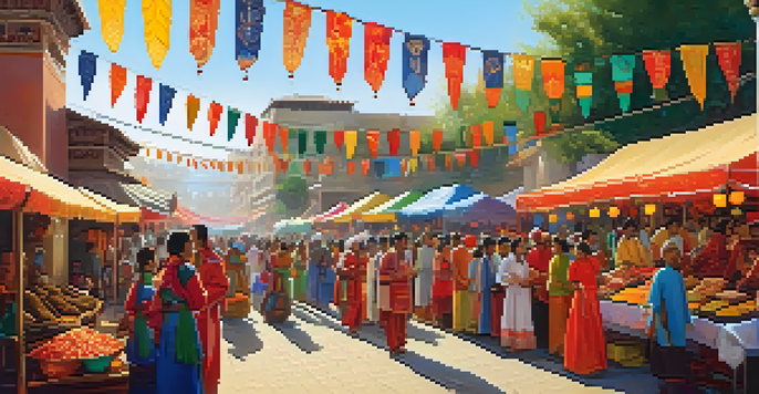 A lively cultural festival with people in traditional clothing, colorful decorations, and food stalls under bright sunlight.