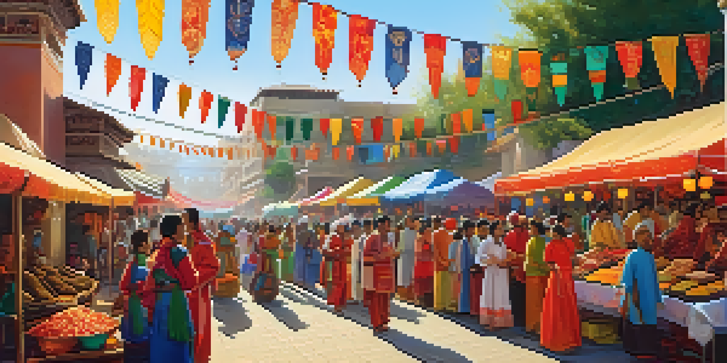 A lively cultural festival with people in traditional clothing, colorful decorations, and food stalls under bright sunlight.
