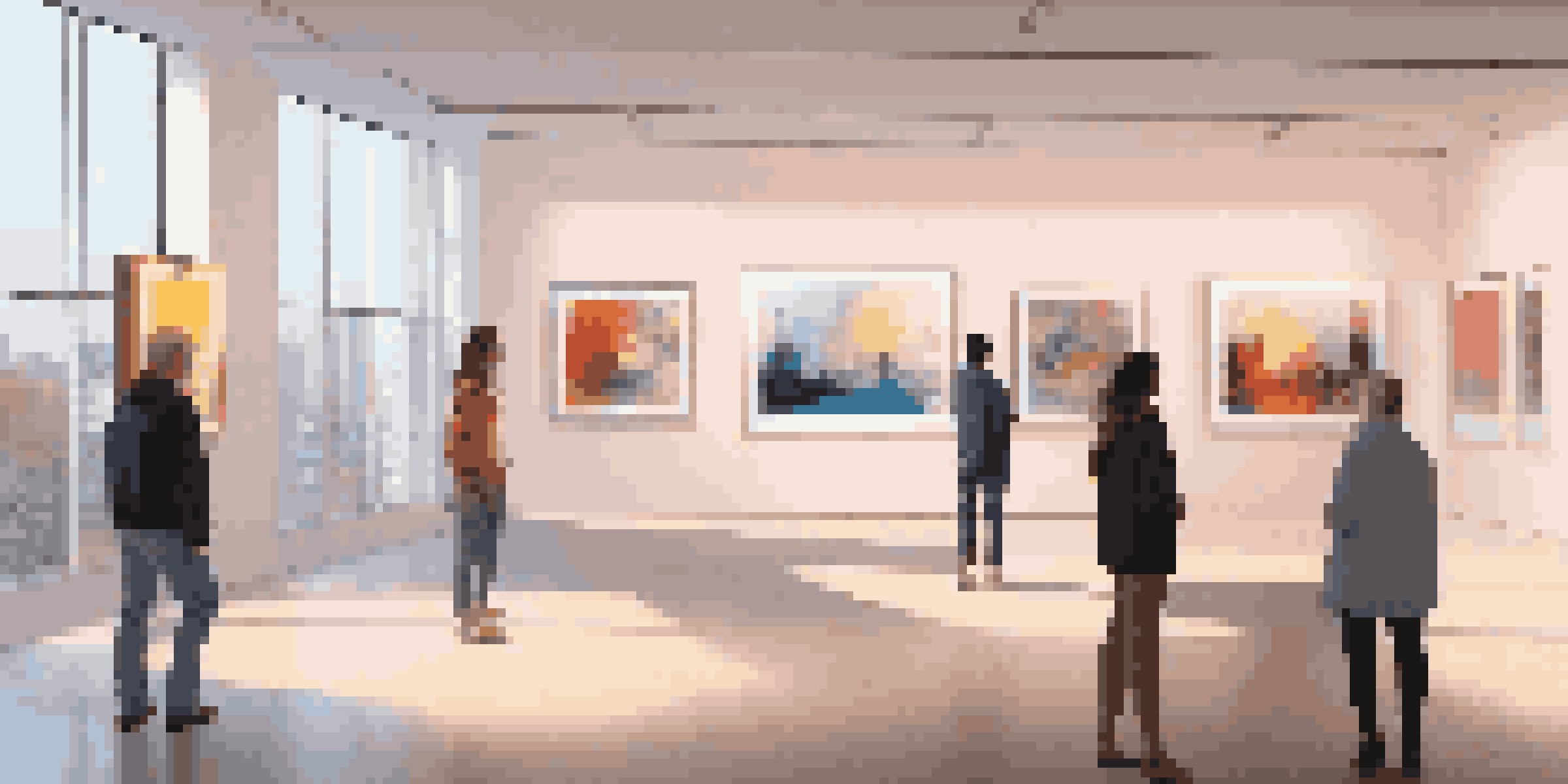 An art gallery filled with digital artworks displayed on modern screens, with visitors engaging and discussing the pieces, illuminated by soft lighting.