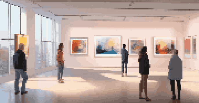 An art gallery filled with digital artworks displayed on modern screens, with visitors engaging and discussing the pieces, illuminated by soft lighting.