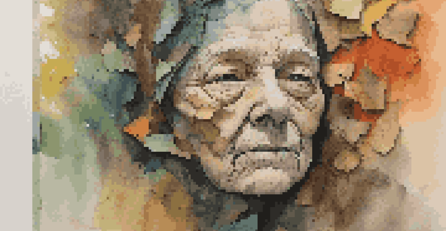 An abstract artwork depicting a fragmented face with vibrant colors and elements of nature, symbolizing aging and life cycles.