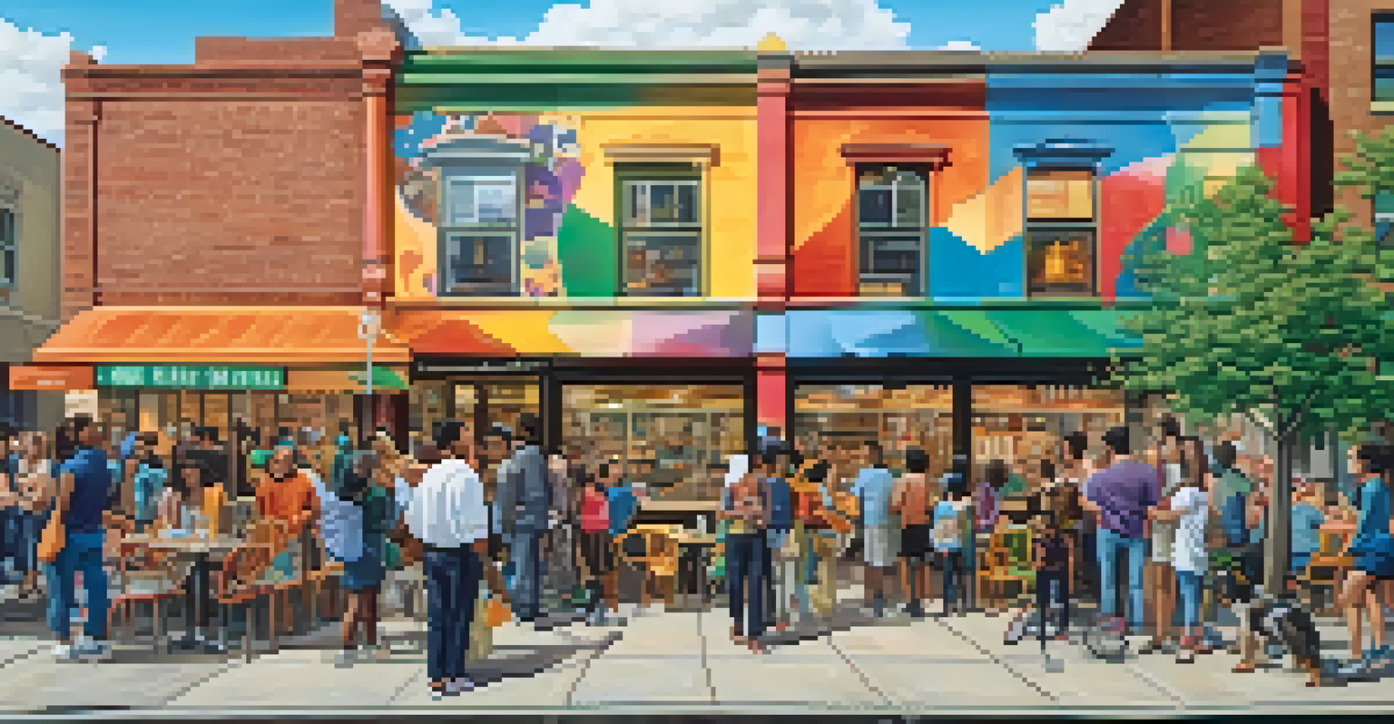 A busy city street with a vibrant mural representing cultural diversity, with people admiring and discussing it amidst cafes and shops.