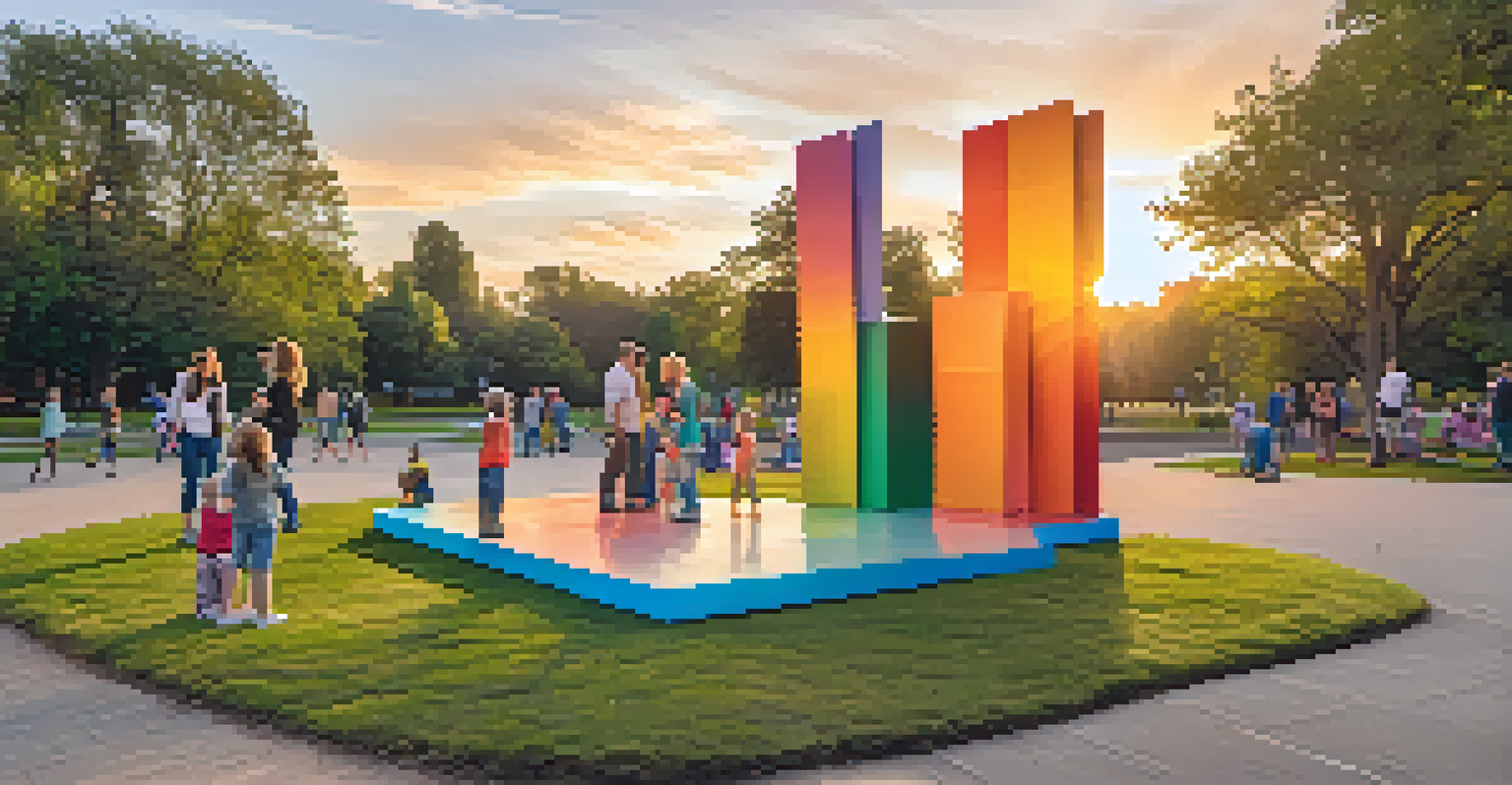 An interactive public art installation in a park with colorful sculptures made from recycled materials, with families enjoying the art during sunset.