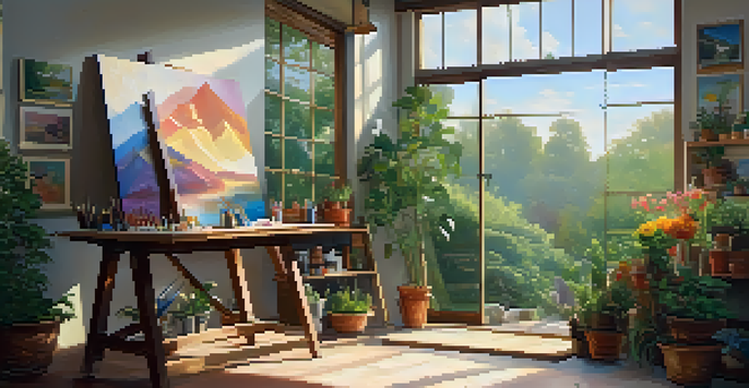 A bright art studio with sunlight streaming through a window, showcasing a table filled with art supplies and a colorful canvas.