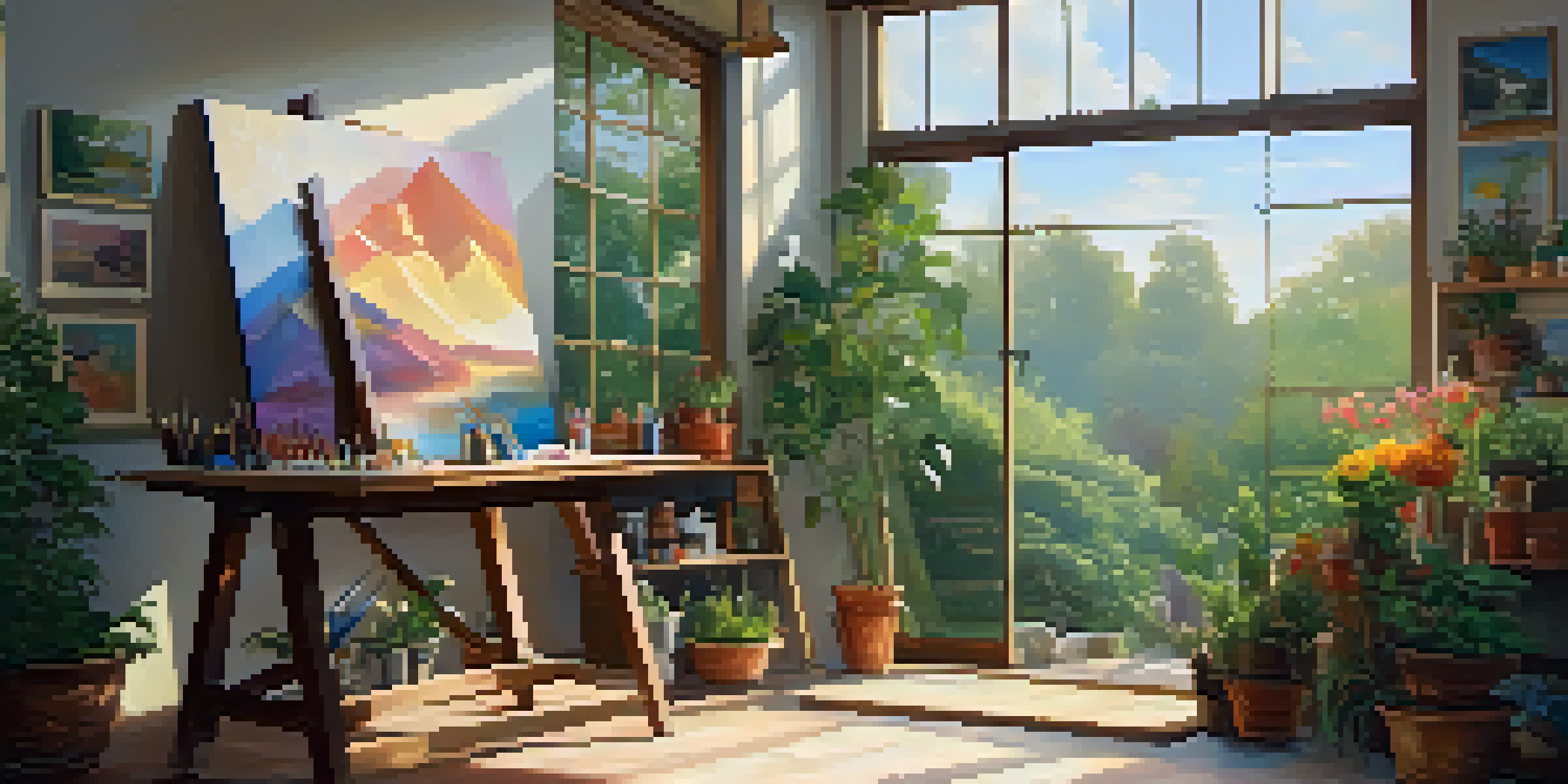 A bright art studio with sunlight streaming through a window, showcasing a table filled with art supplies and a colorful canvas.