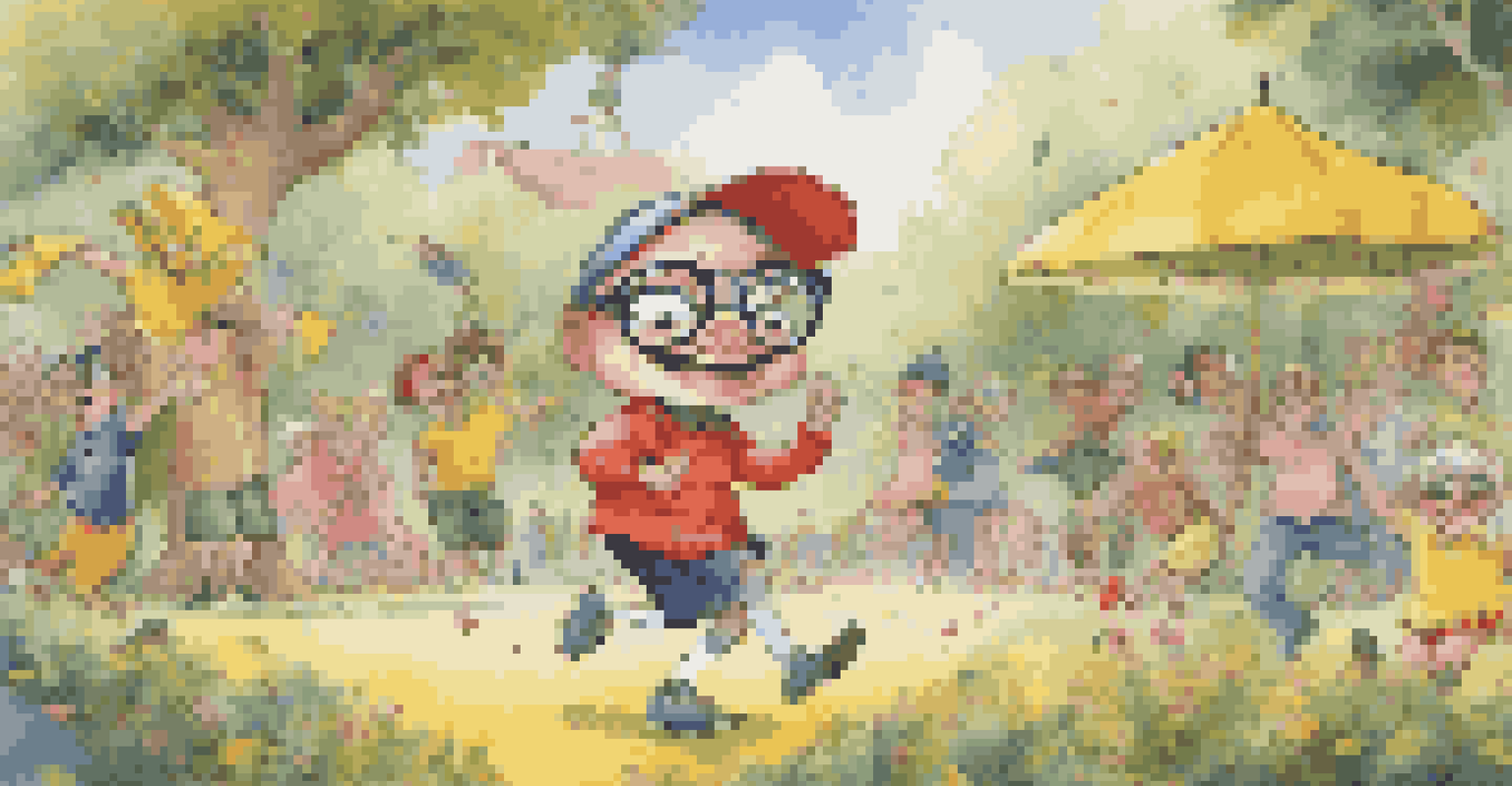A cartoon character slipping on a banana peel in a colorful park, with children watching and laughing.