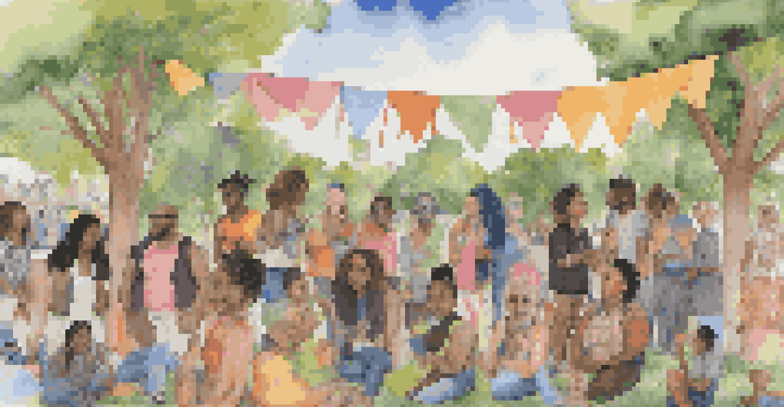 A collaborative art installation with a large mural representing intersectional identities, surrounded by people participating in a painting workshop in a vibrant park.