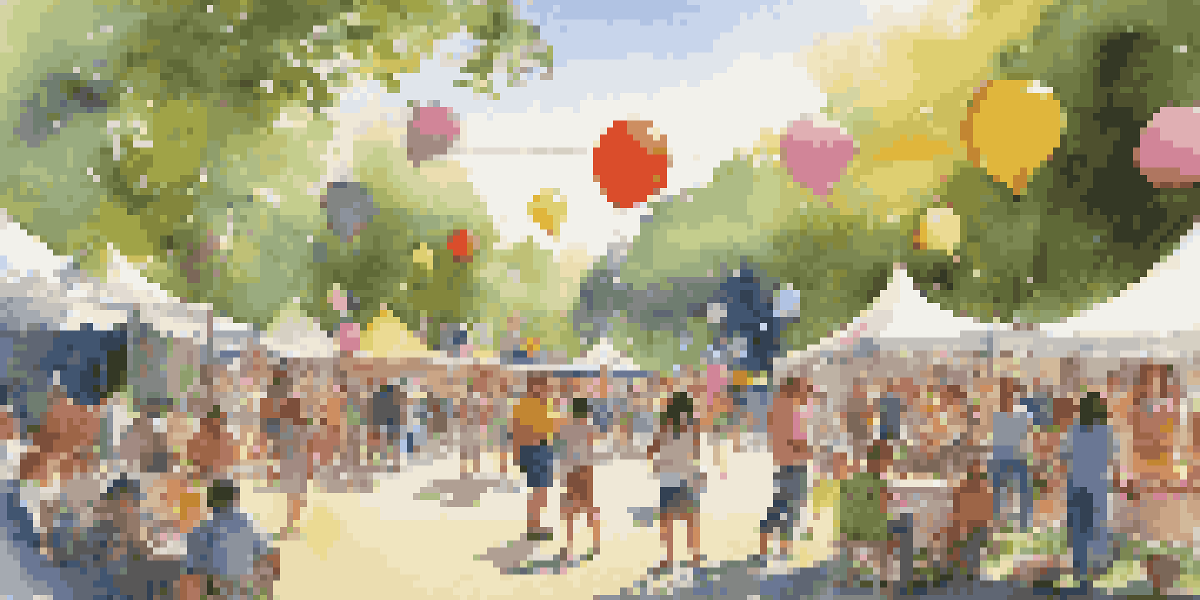 A lively community festival in a park with families, colorful booths, and children playing.