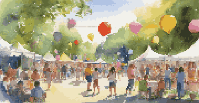 A lively community festival in a park with families, colorful booths, and children playing.