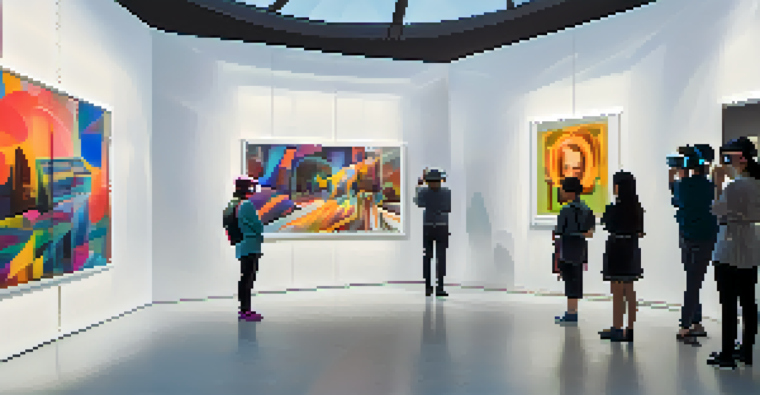 A modern virtual gallery with visitors exploring colorful VR artworks under soft lighting.