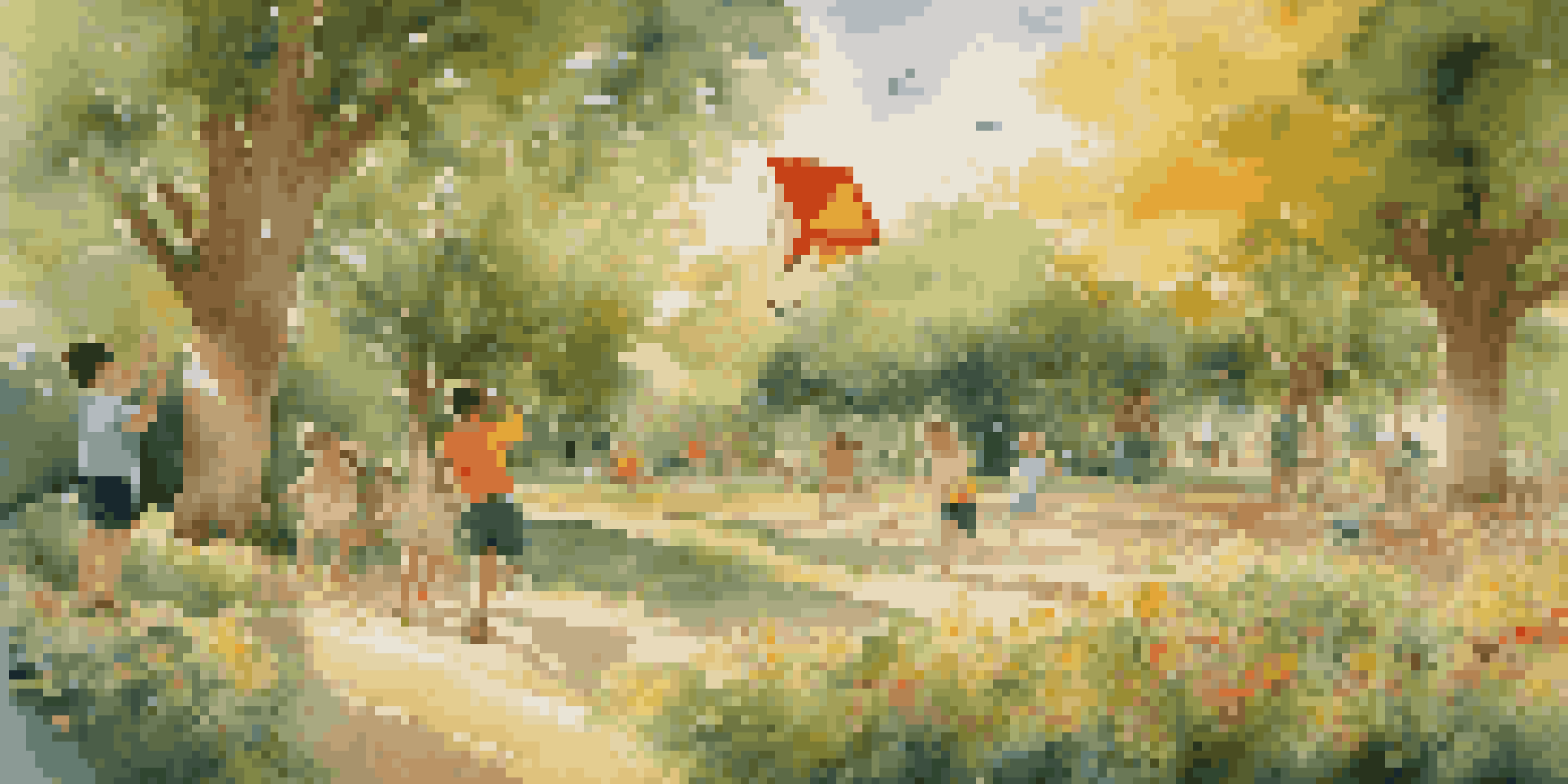 A bright mural illustrating a joyful childhood scene in a park with children playing and colorful flowers.