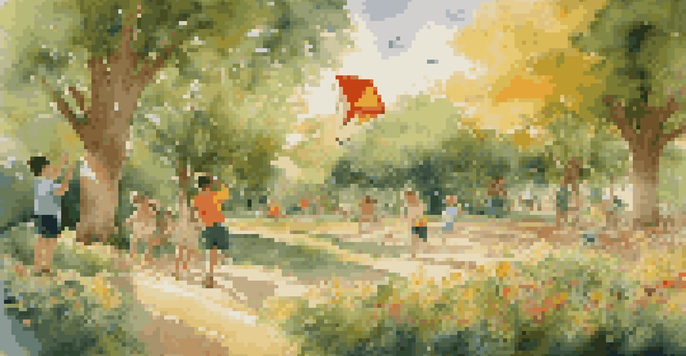 A bright mural illustrating a joyful childhood scene in a park with children playing and colorful flowers.