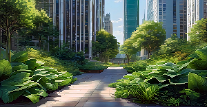 A digital collage combining elements of nature and urban architecture, depicting greenery and skyscrapers under a blue sky with sunlight filtering through leaves.