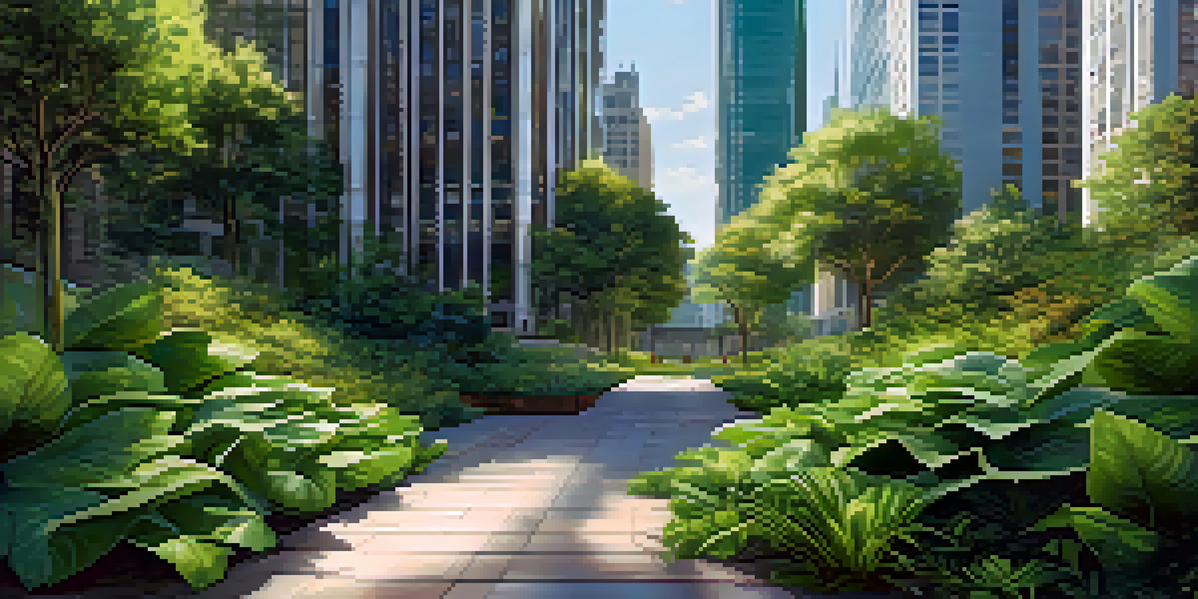 A digital collage combining elements of nature and urban architecture, depicting greenery and skyscrapers under a blue sky with sunlight filtering through leaves.