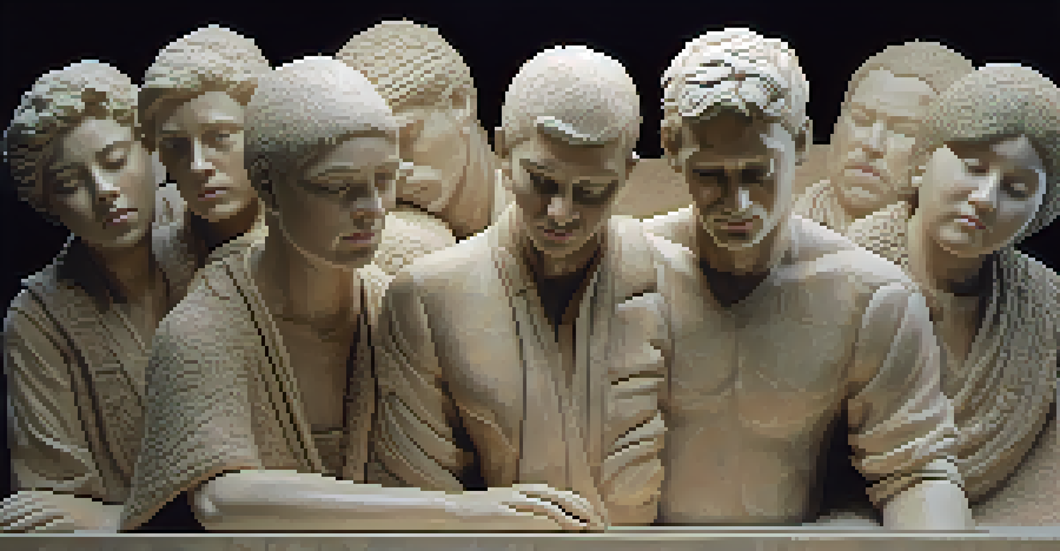 A sculpture of diverse figures in a reflective pose, surrounded by soft lighting, highlighting their expressions.