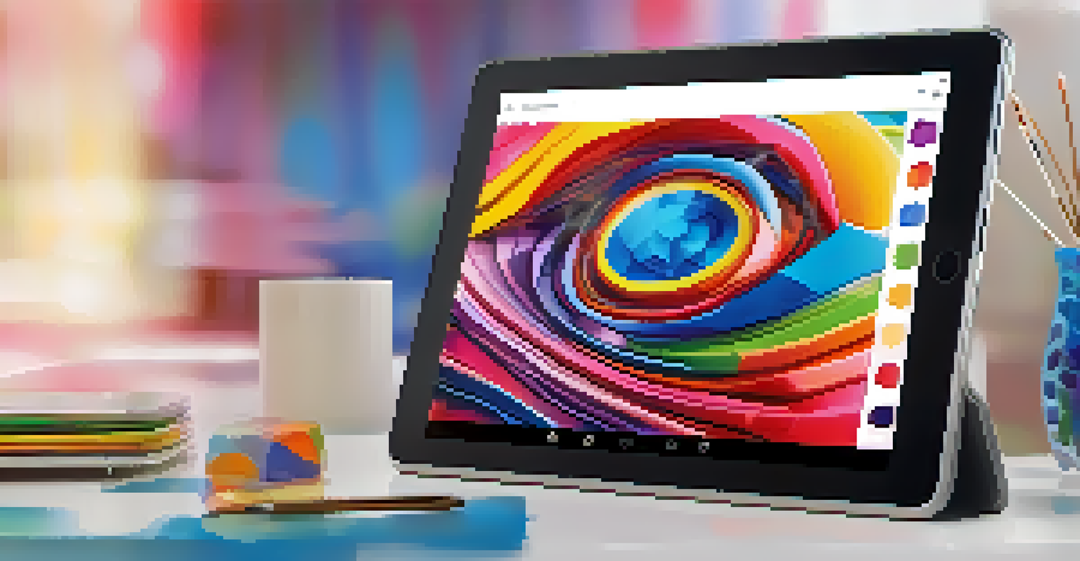A close-up of a digital tablet showing vibrant AI-generated artwork with intricate colors and abstract forms.