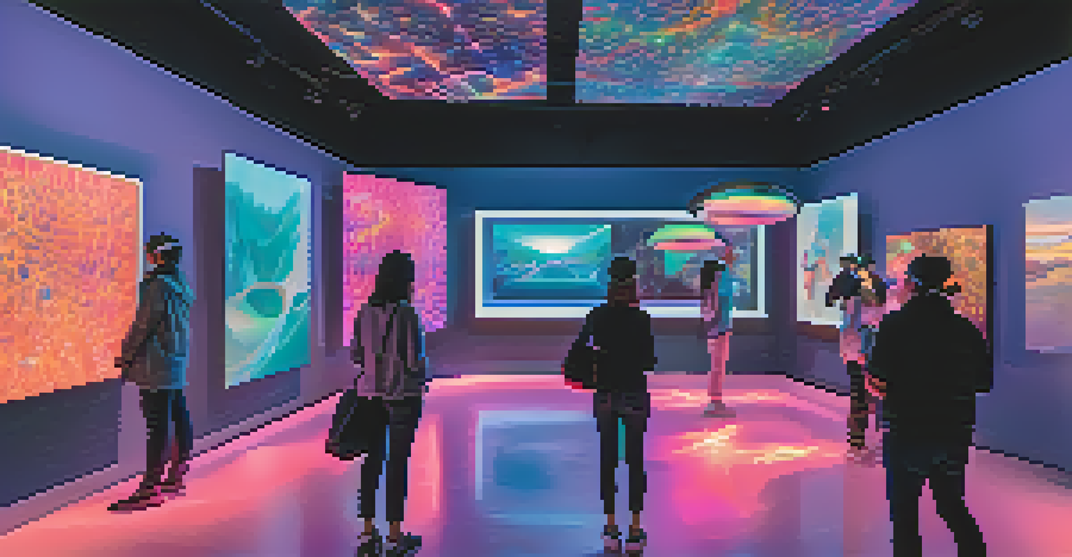 A modern virtual reality art gallery with visitors exploring immersive digital art through VR headsets and floating holographic displays.