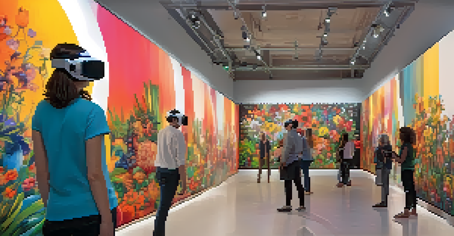 A modern virtual reality art gallery with visitors experiencing a colorful digital mural.