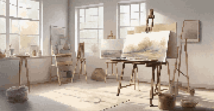 A tidy art studio with an easel and a few art supplies, illuminated by natural light.