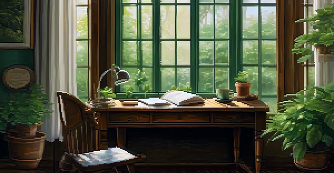 A cozy writing space with a wooden desk, notebooks, a fountain pen, and a cup of tea, illuminated by warm natural light, with green plants visible through a window.