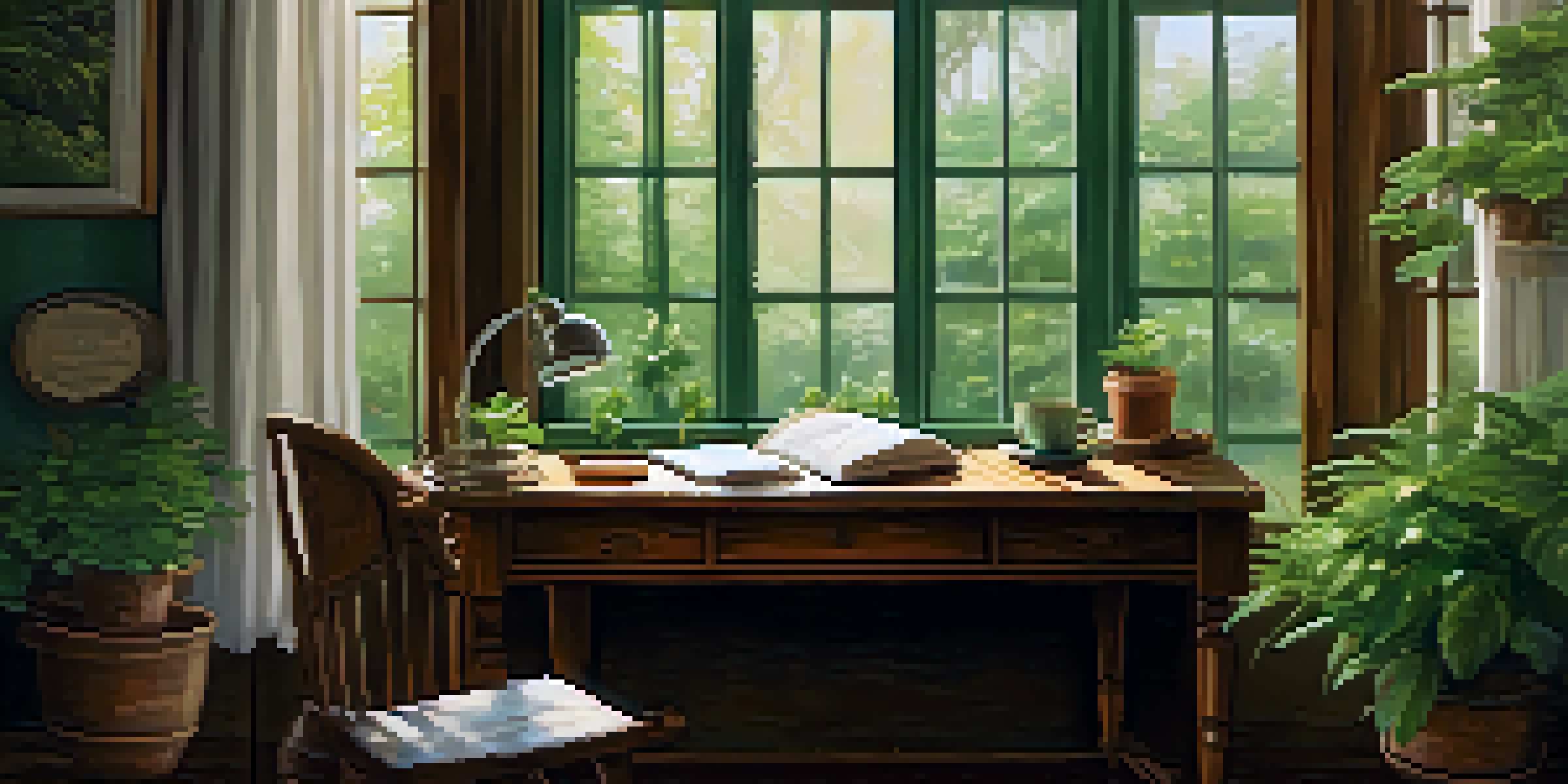A cozy writing space with a wooden desk, notebooks, a fountain pen, and a cup of tea, illuminated by warm natural light, with green plants visible through a window.