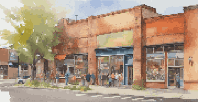 A colorful suburban art gallery with murals and large windows, showcasing local art and visitors in discussion.