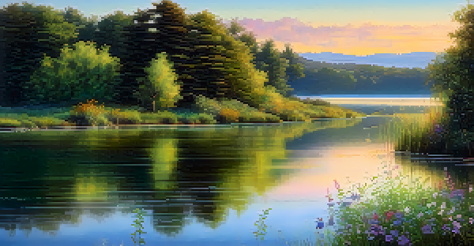 A tranquil sunrise over a calm lake, with reflections of soft pastel colors, surrounded by greenery and blooming wildflowers.