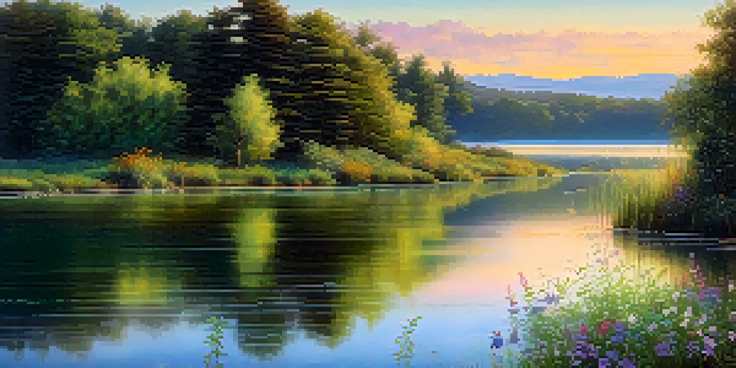 A tranquil sunrise over a calm lake, with reflections of soft pastel colors, surrounded by greenery and blooming wildflowers.