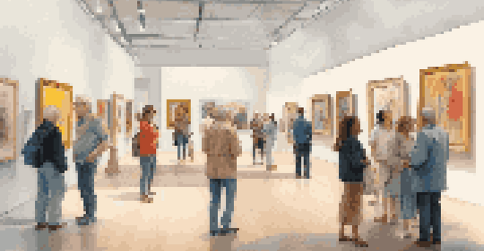 A lively art exhibition with a diverse crowd appreciating contemporary artworks in a gallery with natural light.