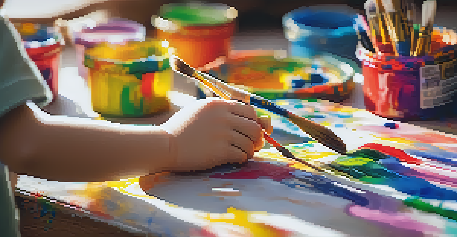 A child's hands covered in paint creating an abstract painting, surrounded by an art studio filled with supplies.