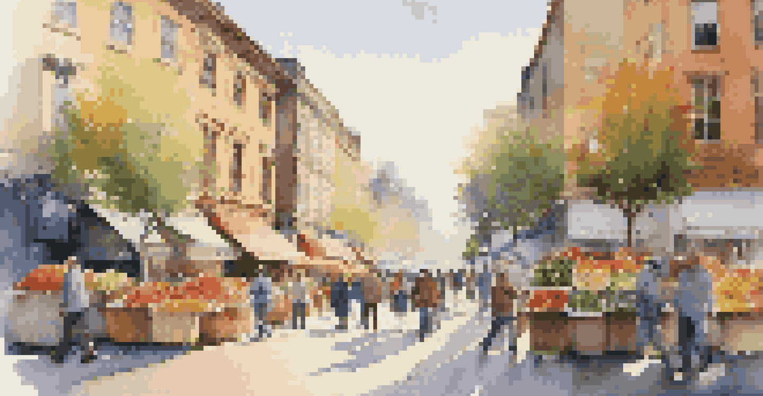 A lively city street at dawn with people walking and flower stalls adding color to the scene.
