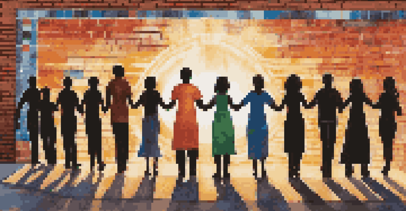 A vibrant urban mural showing diverse people holding hands, symbolizing unity, against a brick wall.