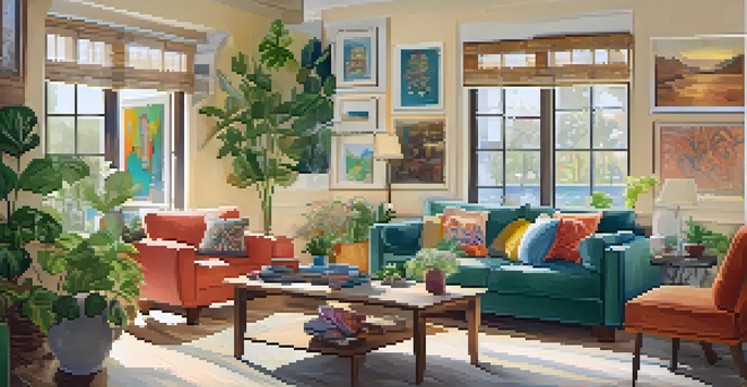 A family living room showcasing colorful artwork, including family portraits and children's drawings, bathed in natural light.