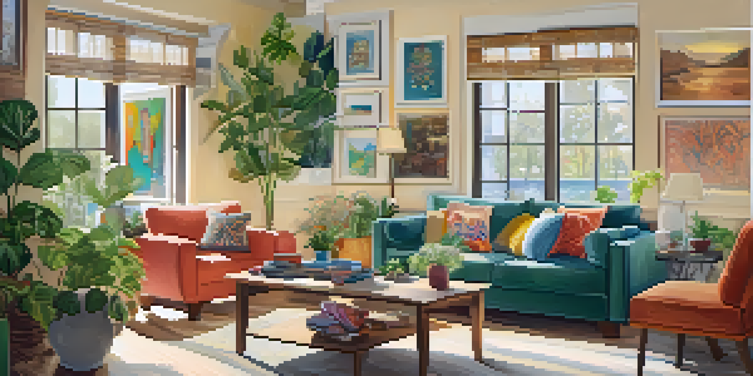 A family living room showcasing colorful artwork, including family portraits and children's drawings, bathed in natural light.