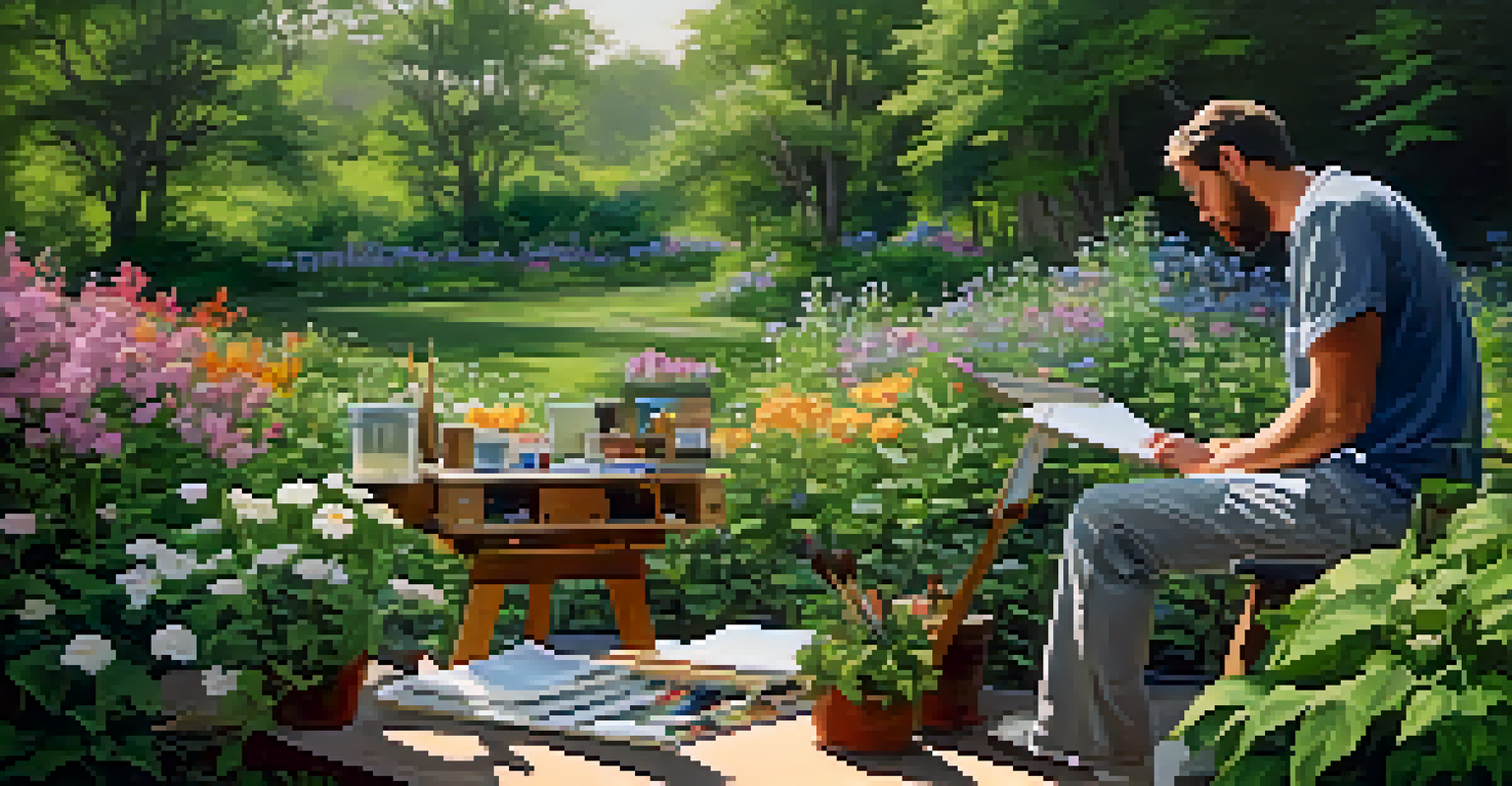 An artist painting outdoors surrounded by greenery and flowers.