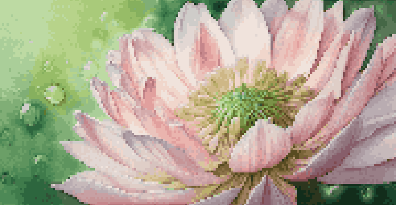 A close-up of a beautiful blooming flower with pink and white petals, adorned with dew drops.