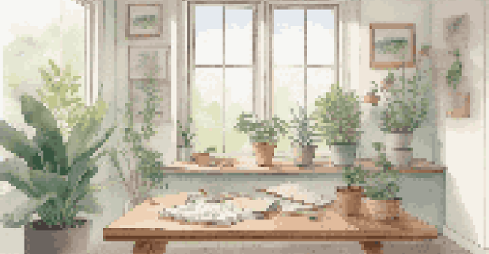 A peaceful art therapy room with natural light, minimal art supplies, and a person drawing.