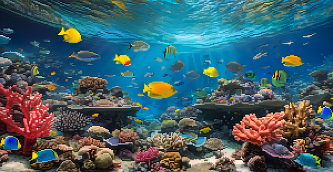 A vivid depiction of a coral reef filled with colorful fish on one side and a desolate underwater scene on the other, illustrating the impact of climate change.