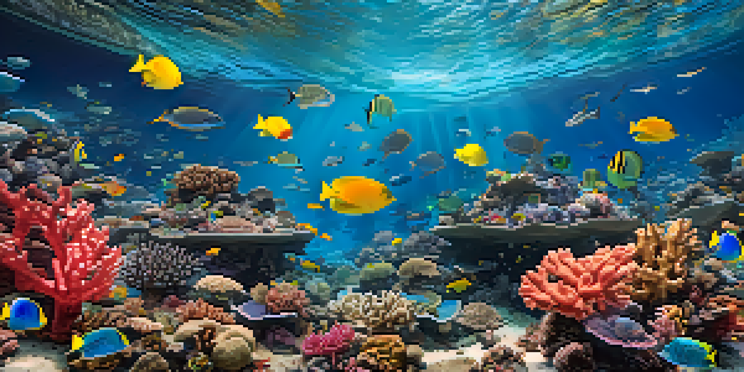 A vivid depiction of a coral reef filled with colorful fish on one side and a desolate underwater scene on the other, illustrating the impact of climate change.