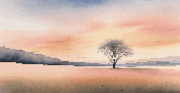 A lonely tree stands in the middle of a vast field at sunset, surrounded by soft pastel colors in the sky.