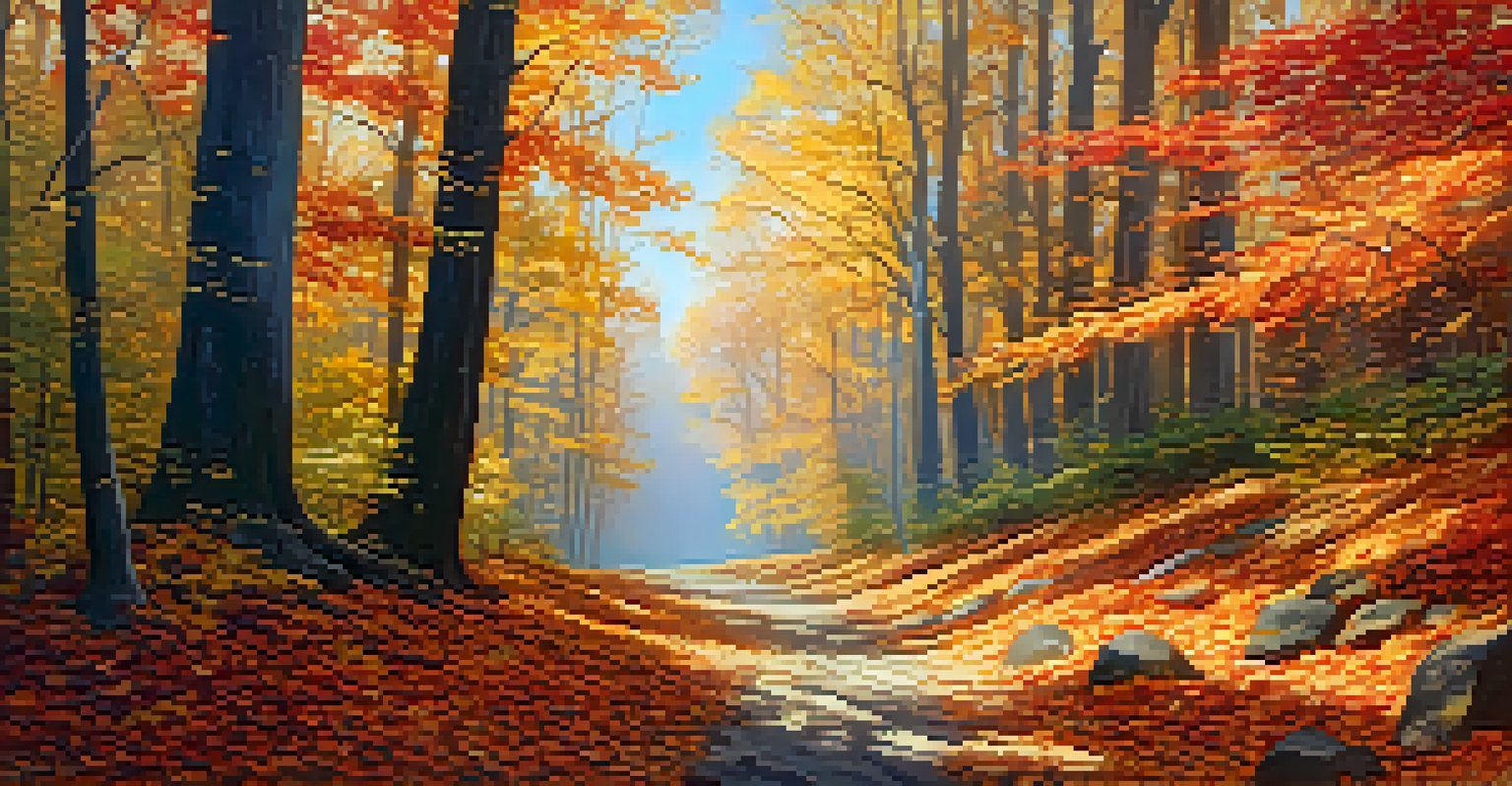 An autumn forest scene with a leaf-covered pathway and sunlight filtering through colorful foliage.