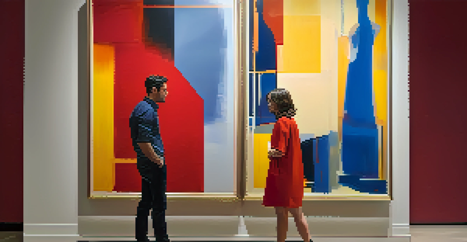 A couple in an art gallery, admiring a vibrant abstract painting under warm lighting.