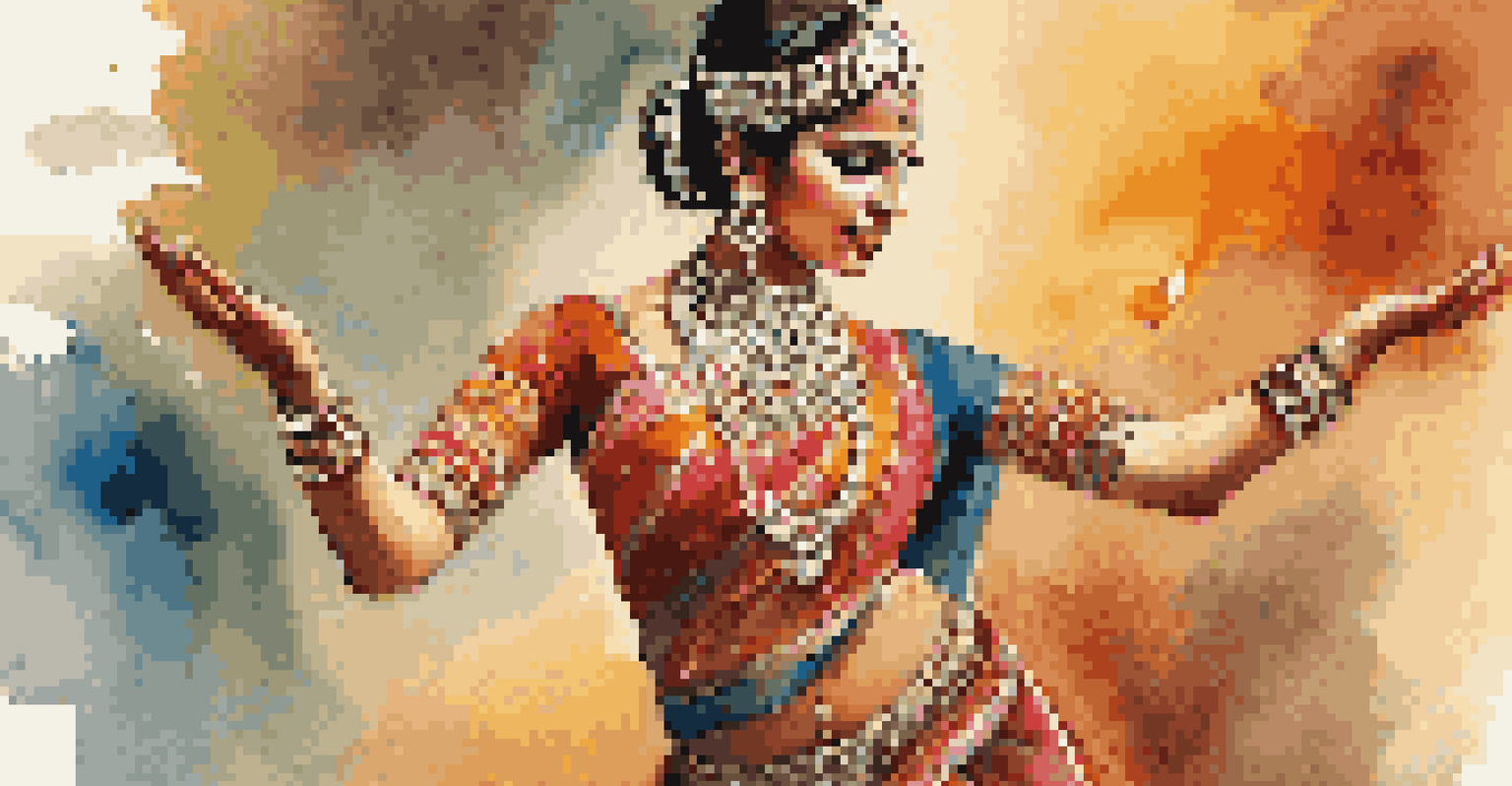 A dancer in traditional Indian attire performing with expressive gestures and emotions on a decorated stage.