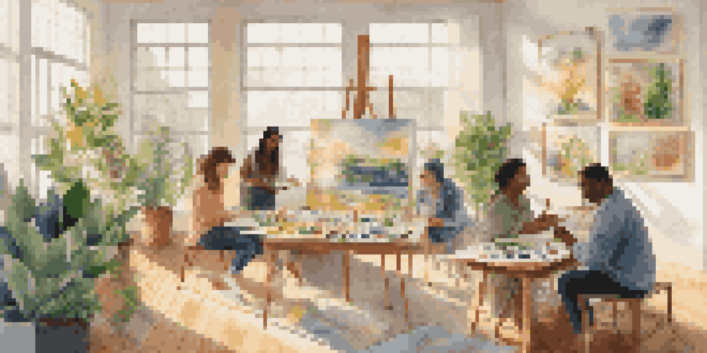 A diverse group of individuals in a bright room, painting on canvas during an art therapy session, surrounded by colorful artworks and plants.