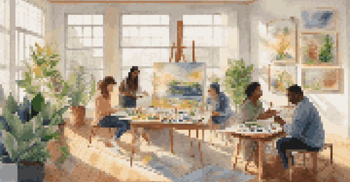 A diverse group of individuals in a bright room, painting on canvas during an art therapy session, surrounded by colorful artworks and plants.