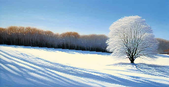A minimalist winter landscape with white snow and a single tree under a clear blue sky.