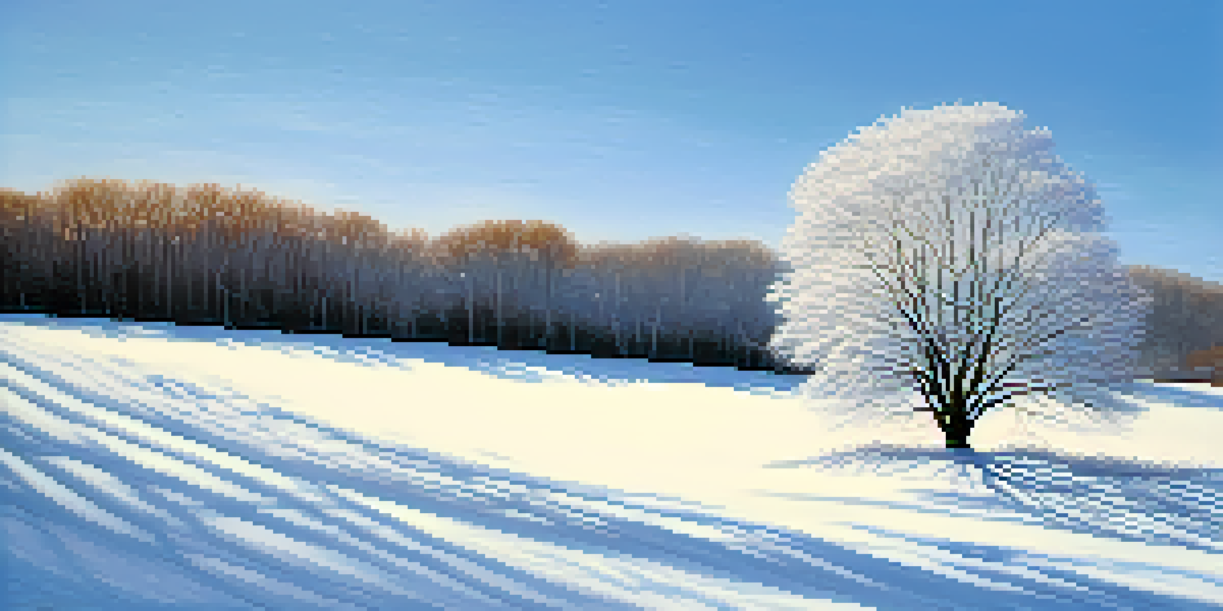 A minimalist winter landscape with white snow and a single tree under a clear blue sky.