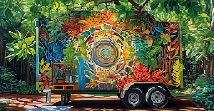 A colorful outdoor art installation made from recycled materials, surrounded by green foliage and illuminated by sunlight.