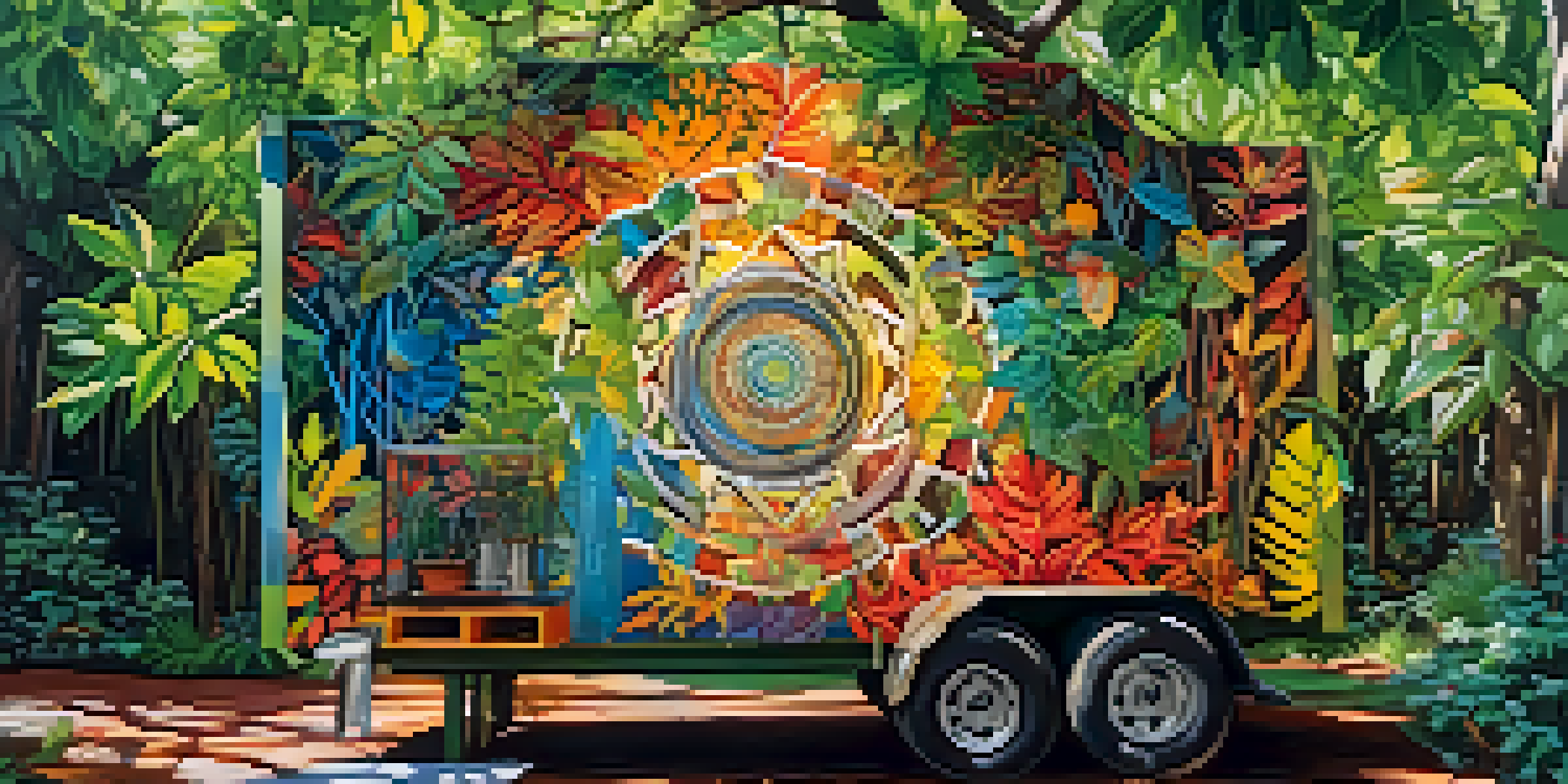 A colorful outdoor art installation made from recycled materials, surrounded by green foliage and illuminated by sunlight.