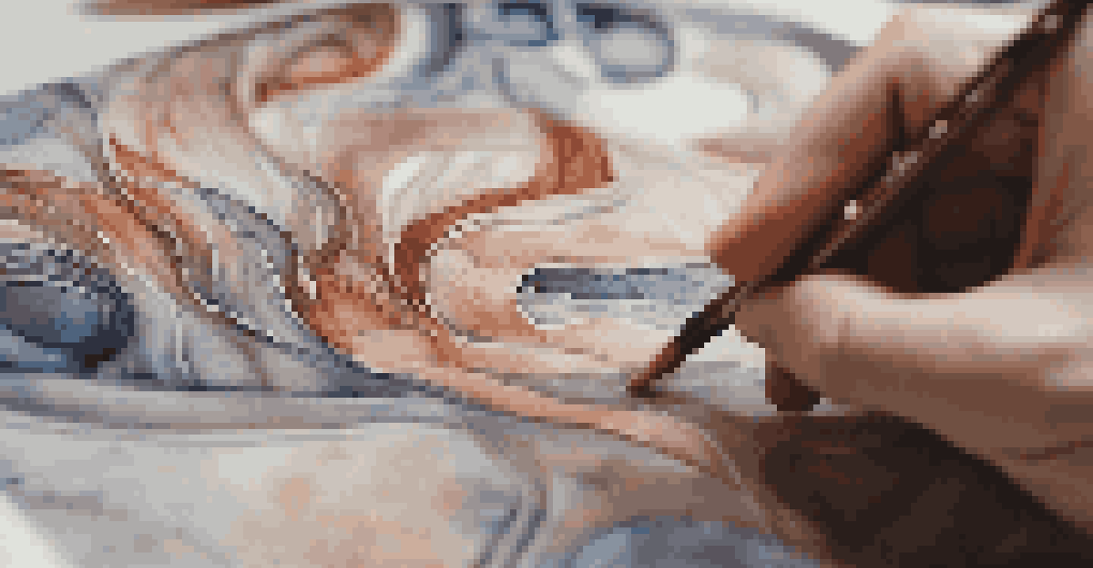 An artist's hands painting detailed cultural motifs on a canvas, with a blurred background that highlights the texture and colors.